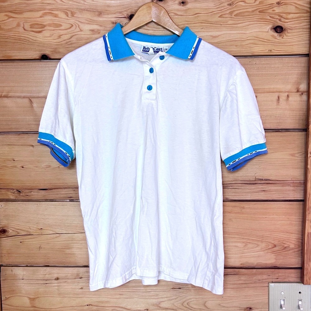 Vintage Polo Shirt Mens Small White Turquoise Golf Collection Bette & Court Prep